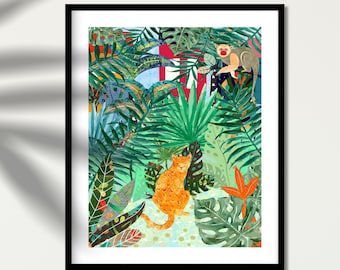 Jungle leopard bedroom wall art. Safari Nursery wall art. Botanical Print. Botanical illustration. Tropical Art. Jungle Print.