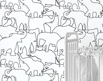 Black and white safari elephant peel and stick wallpaper for neutral baby nursery wall decor, kids bedroom wall ideas or playroom wallpaper.