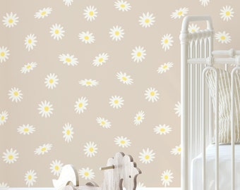 Bohemian Beige Daisy Floral Peel  Stick Removable Wallpaper - Beige Yellow And White Floral Nursery Bedroom or Bathroom Roll
