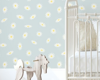 Eggshell Blue Floral Peel  Stick Removable Wallpaper - Daisies Nursery Bathroom Bedroom Wallpaer Wall Decor