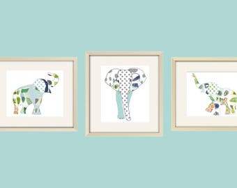 Elephant Nursery Art Prints: Blue & Green Kids Room Decor, Set of 3