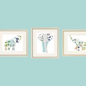 Elephant Nursery Art Prints: Blue & Green Kids Room Decor, Set of 3