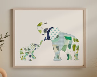 Blue & Green Elephant Safari Nursery Art Print