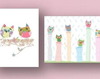 Woodland Owl Art Print Set for Baby Girl Nursery - Cottagecore Wall Decor Featuring Floral Owl Artwork for Girls Room