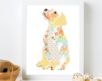 Puede incluir: Una ilustración abstracta colorida de un perro en un marco blanco. El perro es amarillo, naranja y azul sobre un fondo blanco. El perro está mirando hacia arriba.