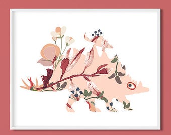 Pink Dinosaur Floral Wall Art Print for Girls Room Decor - Peach Apricot  Modern Toddler Girl Nursery Decor