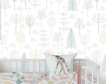 Woodland trees wallpaper for girls bedroom feature wall. Peel and stick Wallpaper Roll. Removable wall paper. Forest Nursery wallpaper