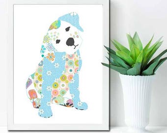 Dog art. Childrens art. Baby girl nursery dog decor. Girl baby gift. Puppy nursery wall art. Dog nursery decor. Baby animal print. Labrador.