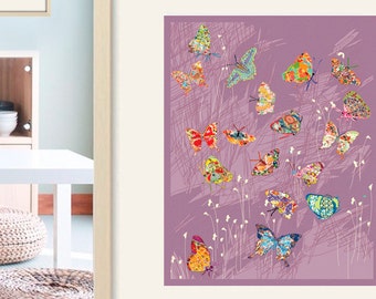 Butterfly Nursery Wall Art - Purple Abstract Butterfly Decor for Baby Girls Modern Room