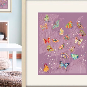 Butterfly Nursery Wall Art - Purple Abstract Butterfly Decor for Baby Girls Modern Room