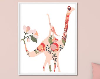 Modern Pink Floral Dinosaur Wall Art Print - Unique Girls Animal Nursery Bedroom Wall Decor