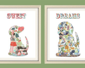 Sweet dreams cute puppy dog wall art prints for little boys bedroom wall decor or baby boy nursery wall decor.