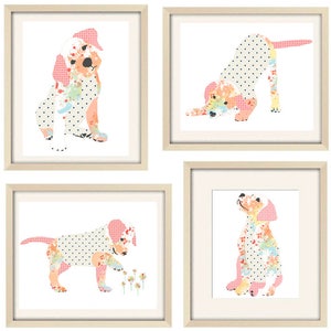 Dog nursery wall art print set. Puppy dogs girls room wall decor. Pink dog art.