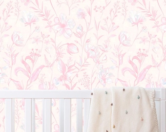 Pink Floral Wallpaper, Garden Toile Peel and Stick, Farmhouse Chic