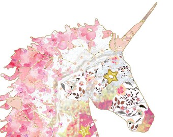 Gold and Pink Unicorn Wall Art Print for Whimsical Girls Room Decor - Mystical Creature Bedroom Decoration