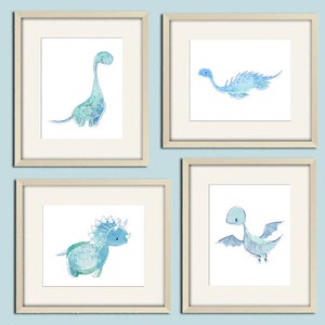 Baby Dinosaur Wall Art - Blue Nursery Dino Wall Decor - Toddler Boys Room Prints