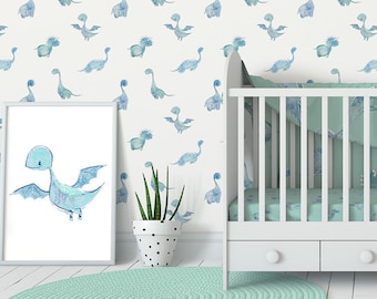 Peel and Stick Dinosaur Nursery Wallpaper - Blue Watercolor Wall Decor for Baby Boys Room