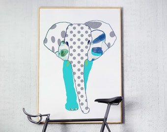Blue Elephant Safari Print: Modern Nursery Wall Art