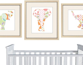 Elephant Nursery Decor - Pink Safari Animal Prints - Baby Girl Wall Art