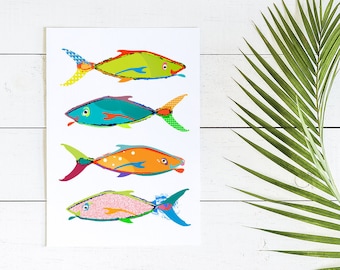 Colorful Tropical Fish Art Print: Coastal Bathroom Wall Decor