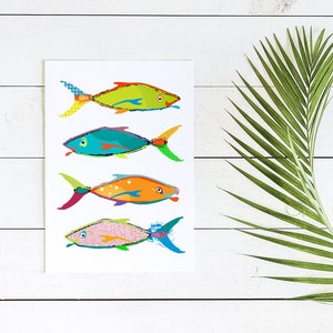 Fish Bathroom wall decor. Canvas or print Coastal art. tropical fish print. Kids bathroom decor. Beach house wall art. Abstract beach art. image 1