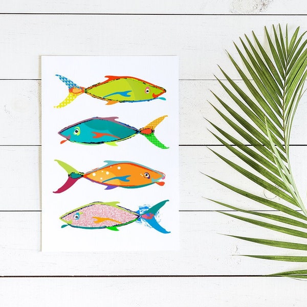 Fish Bathroom wall decor. Canvas or print Coastal art. tropical fish print. Kids bathroom decor. Beach house wall art. Abstract beach art.