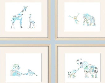 Baby Blue Safari Animal Nursery Prints - Set of 4  Modern Abstract Wall Art for Toddler Boys Room Wall Decor