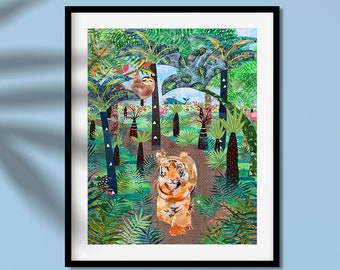 Unique Modern Tropical Jungle Tiger Print Wall Art - Botanical Decor for Boys Rooms and Nurseries