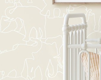 Beige Safari elephant removable peel and stick wallpaper for gender neutral baby nursery and toddler bedroom feature wall or wall decor.