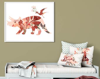 Modern Pink Dinosaur Wall Art Print for Girls Room - Unique and Abstract Girls Dino Decor