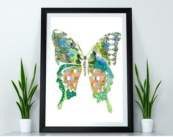 Abstract Green Blue Butterfly Botanical Print for Home Decor - Wall Art for Bedroom or Living Room - Butterflies Artwork