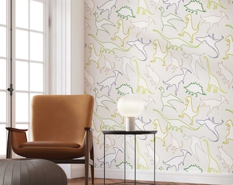 Dinosaur Wallpaper: Kids Room Playroom Decor, Green Gray Beige