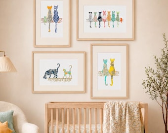 Cat Nursery Wall Art Set of 4 Colorful Patterned Kitten Prints for Baby Girl Bedroom Kids Room Decor or Baby Shower Gift