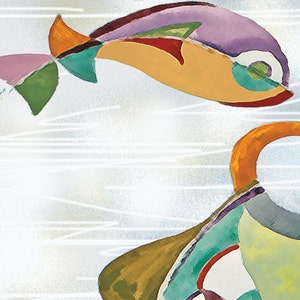 May include: Abstract painting of two fish with colourful, geometric shapes. The fish are painted in shades of purple, orange, green, and yellow.