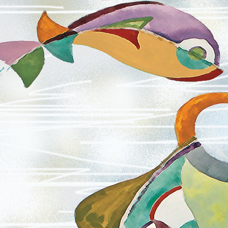 May include: Abstract painting of two fish with colourful, geometric shapes. The fish are painted in shades of purple, orange, green, and yellow.