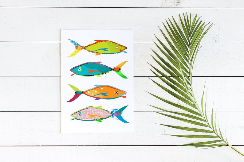 Fish Bathroom wall decor. Canvas or print Coastal art. tropical fish print. Kids bathroom decor. Beach house wall art. Abstract beach art. image 1