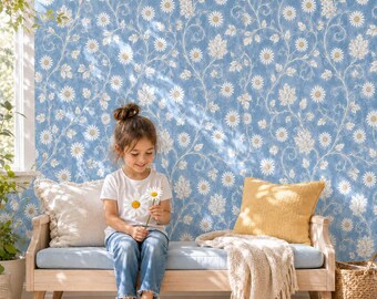 Light Blue Wallpaper Peel And Stick Coastal Floral Daisy Wallpaper For Walls in Living Room, Bedroom, Play Room, Kids Room Or Baby Nursery