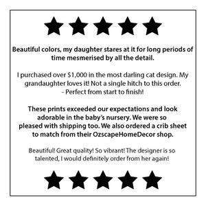 May include: Five star review with text praising the quality and design of a print. The text mentions a cat design, a crib sheet, and a shop called OzscapeHomeDecor.