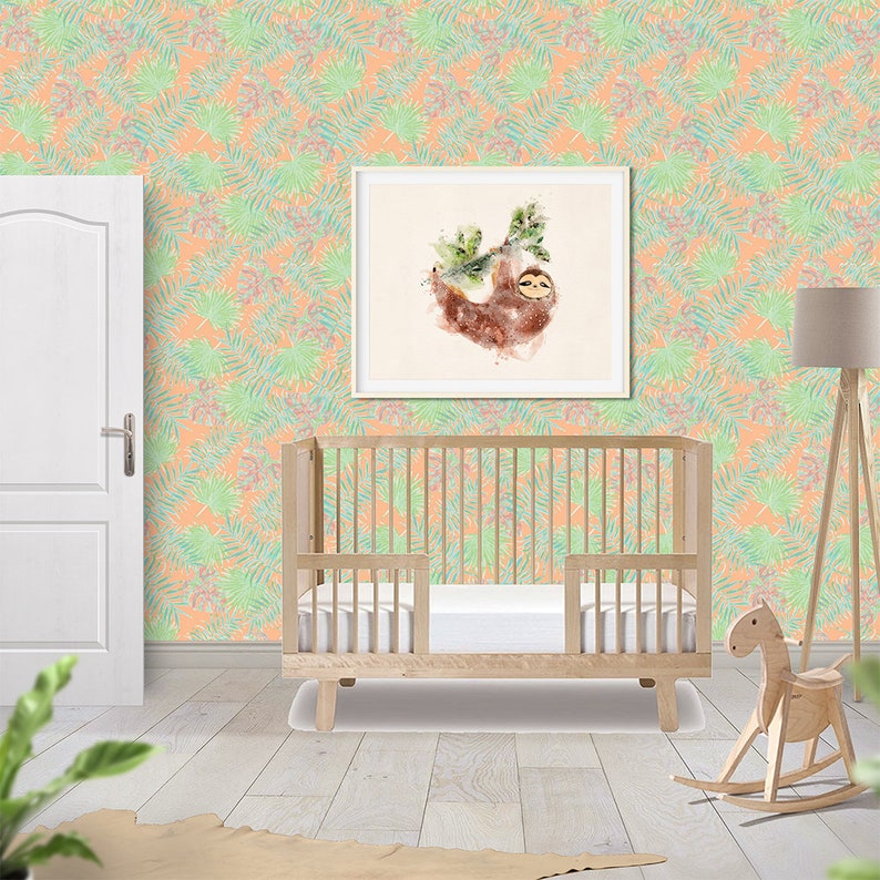 Soft Apricot & Green Baby Nursery Removable Wallpaper. Etsy
