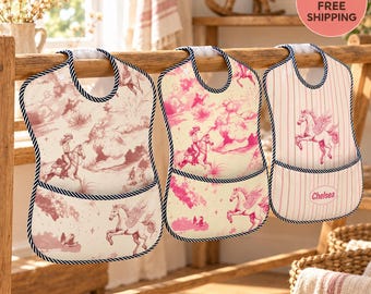Personalized Toddler & Baby Bib Set of 3, Waterproof Feeding Bibs with Pocket, Cowgirl Design, Western Baby Gift Age 6 - 24 mths