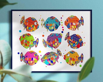 Colorful Fish Bathroom Art Print: Coastal Kids Room Decor