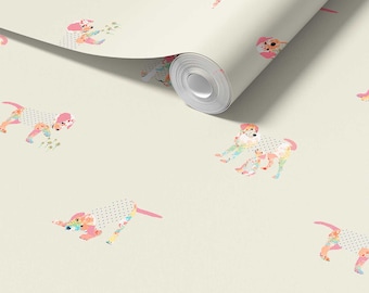 Puppy Dog Wallpaper For Kids Room -  Cute Pink And Beige Removable Peel And Stick Wall Decor for Puppy Dog Lover Wall Decor
