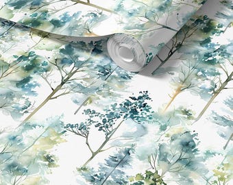 Green And Teal Nature Wallpaper - Watercolor Trees Removable Waterproof Peel and Stick Wallpaper