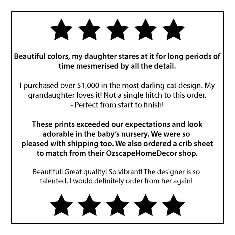May include: Five star review with text praising the quality and design of a print. The text mentions the print is perfect for a baby's nursery and that the customer would definitely order from the designer again.