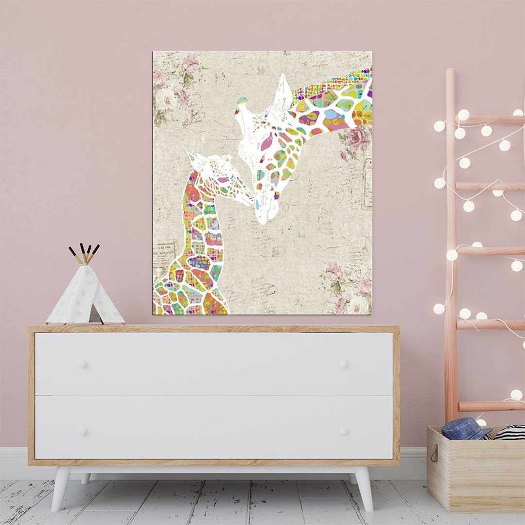 Large Abstract Giraffe, Beige Floral Nursery Wall Decor. Blush Pink ...
