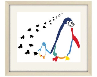 Colorful Modern Penguin Nursery Art Print for Kids Bathroom or Baby Boys Room Decor