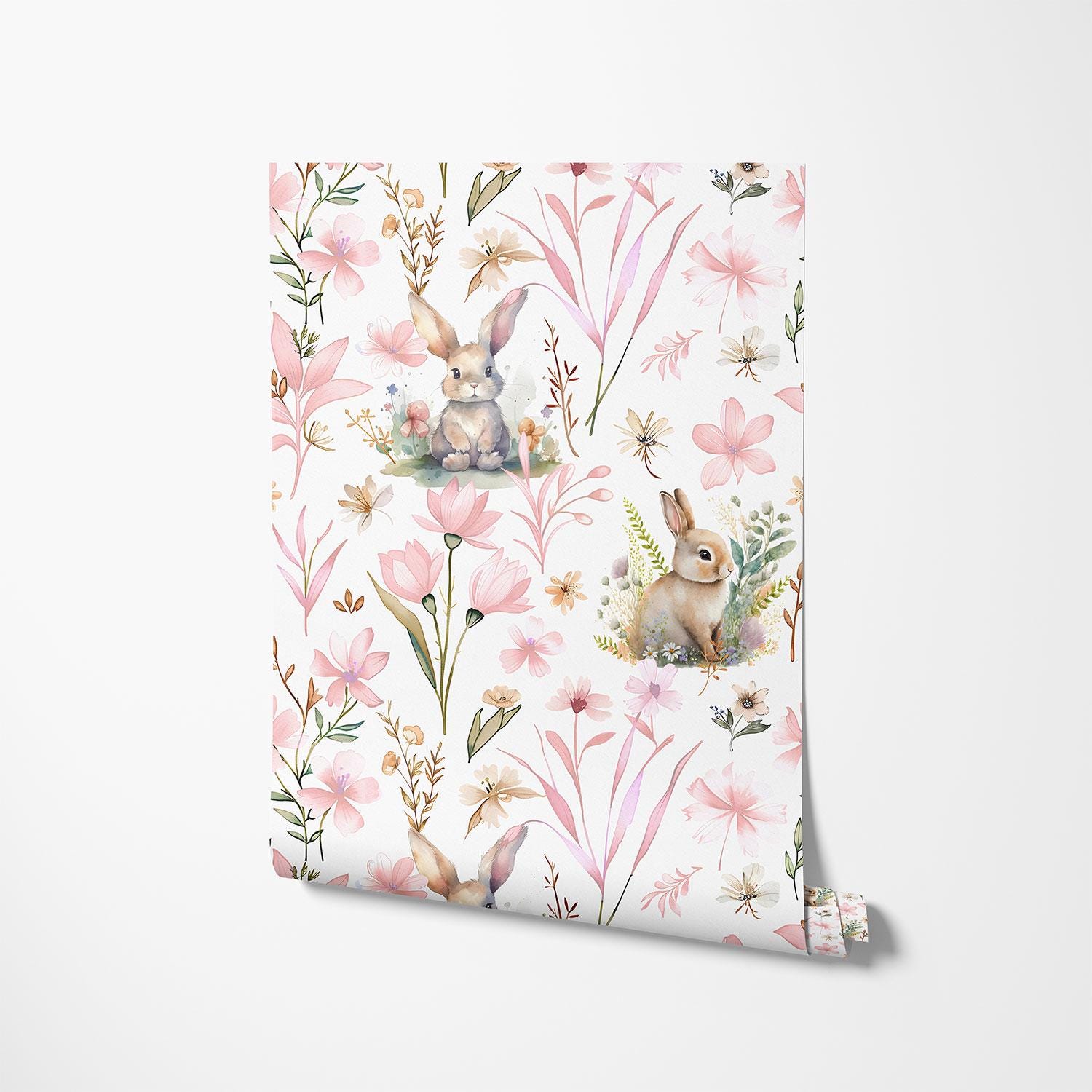 Pink Floral Wallpaper Bunny Rabbit Nursery Wall Decor Cottage Chic Pink ...