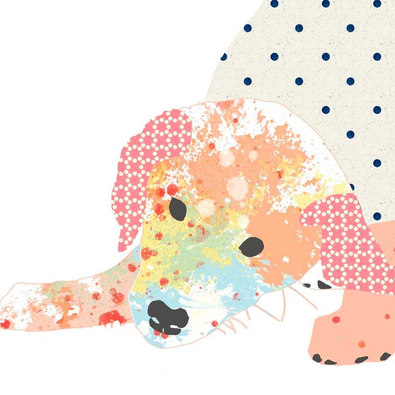 May include: A colorful abstract painting of a dog with pink, yellow, blue, and white paint splatters. The dog is looking down and has a pink and white polka dot pattern on its ears.