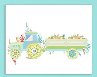 Farmhouse truck print for baby boys room decor. Blue, yellow, green nursery decor. Farm truck nursery art. Farmer boy art.