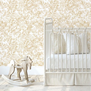 Boho wallpaper - gender neutral natural beige watercolor leaves. Feature wall Peel & stick Removable Wallpaper. Bohemian Nursery wallpaper